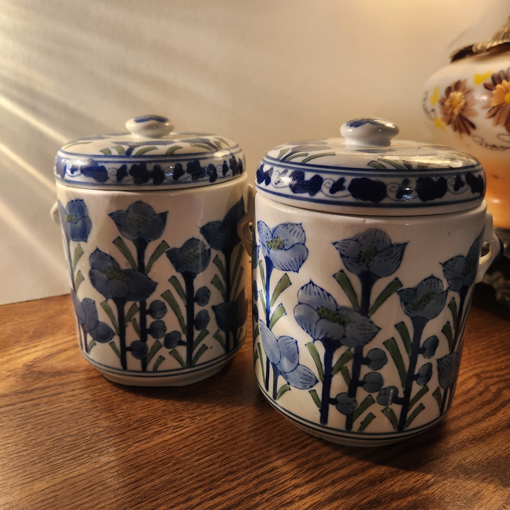 Vintage Blue Floral Ceramic Jars